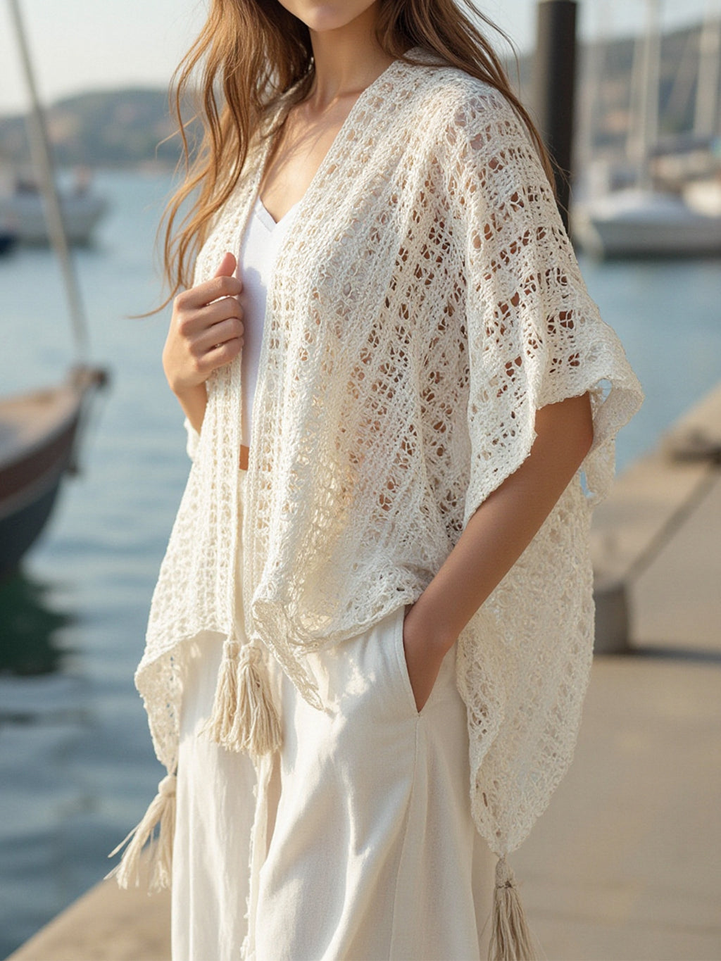 Crochet Tassel Poncho Swim Cover Up - Apricot - 3