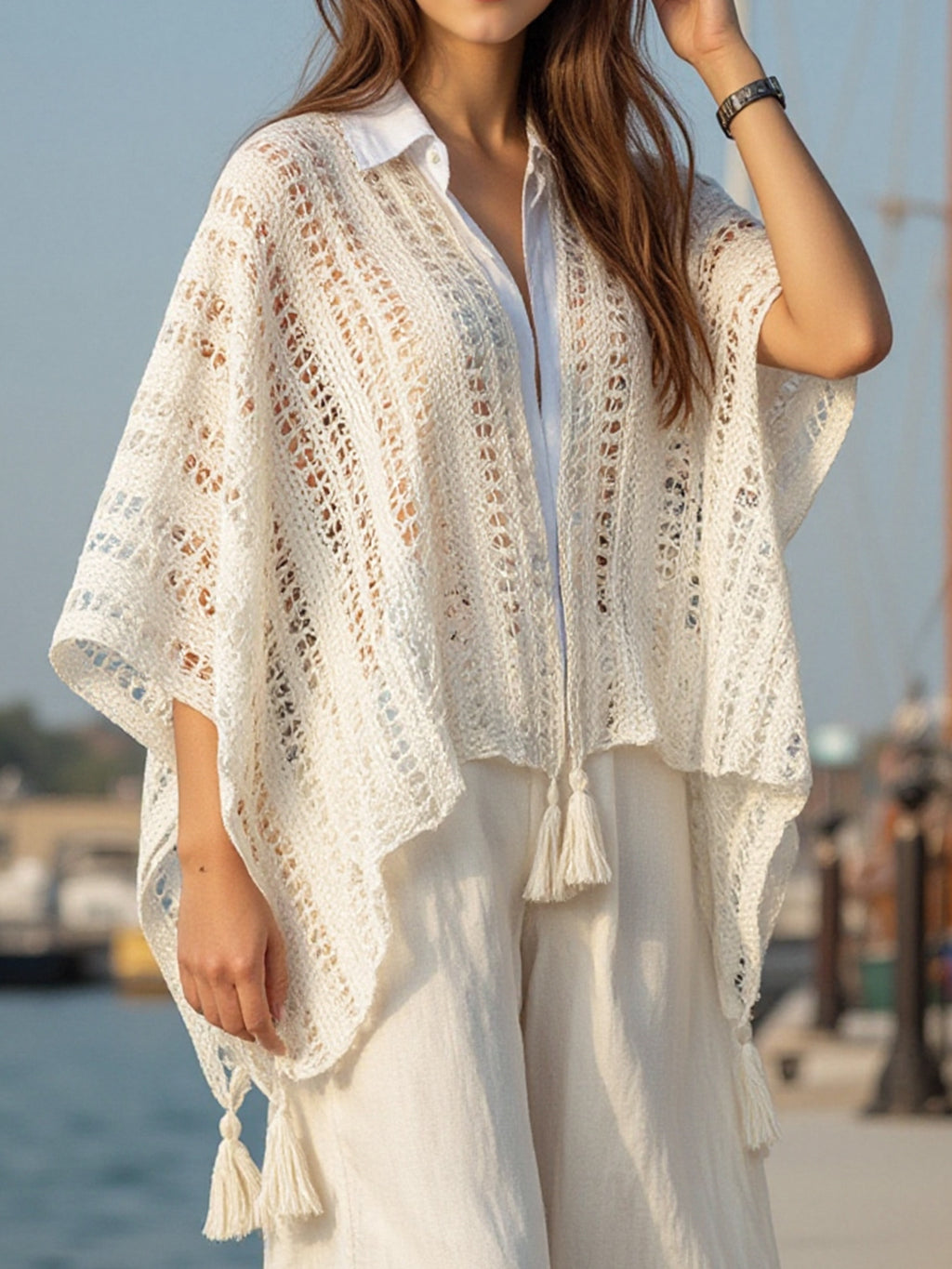 Crochet Tassel Poncho Swim Cover Up - Apricot - 4