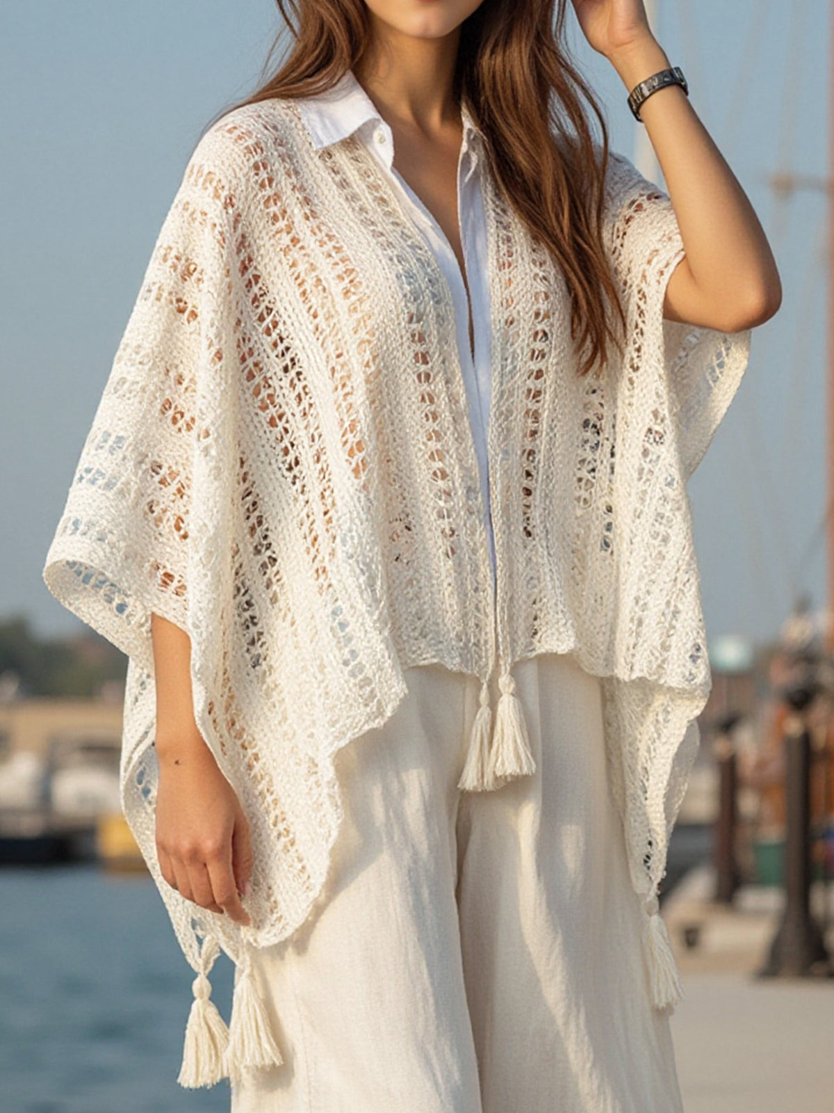 Crochet Tassel Poncho Swim Cover Up - Apricot - 4