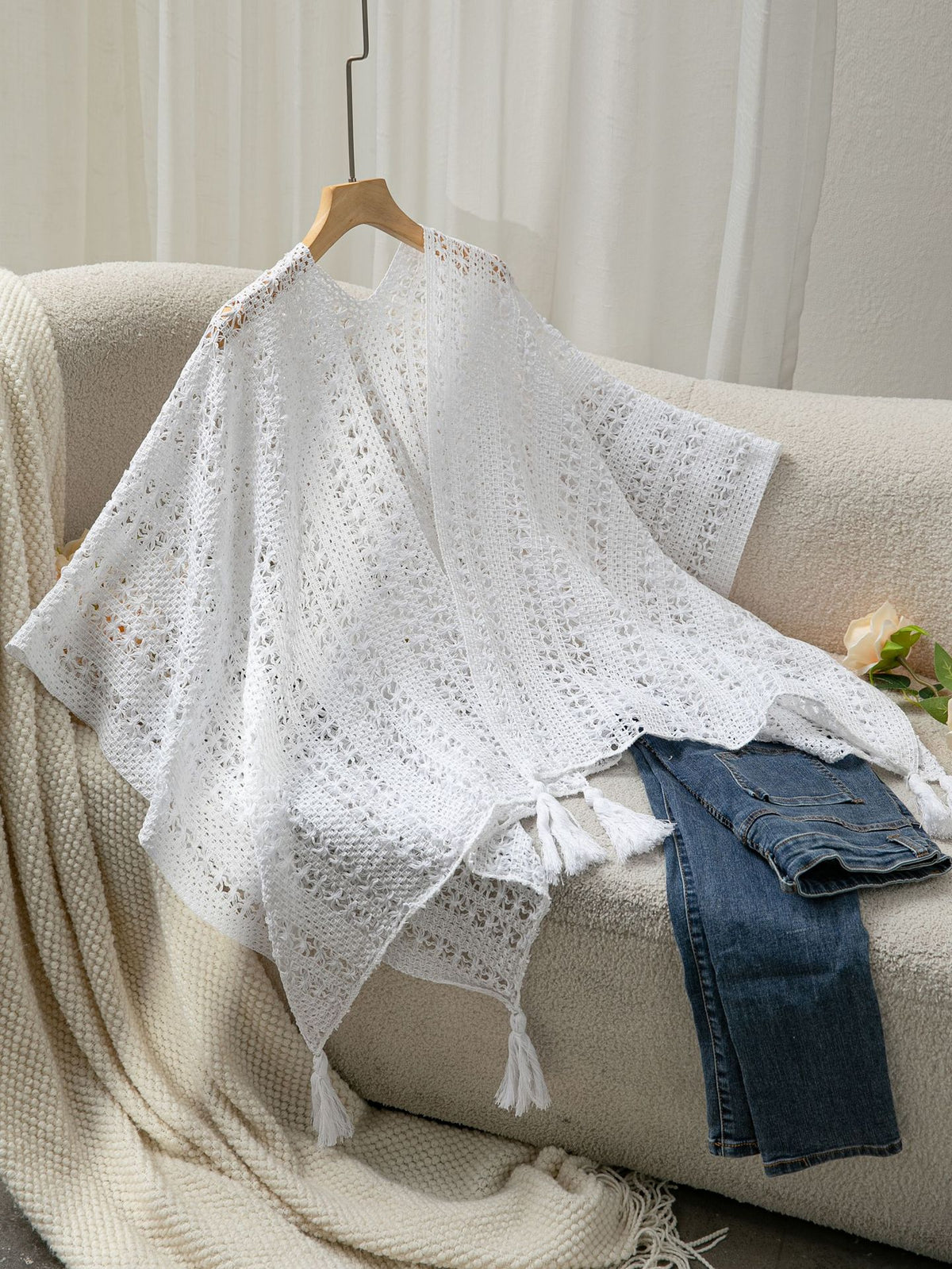 Crochet Tassel Poncho Swim Cover Up - White