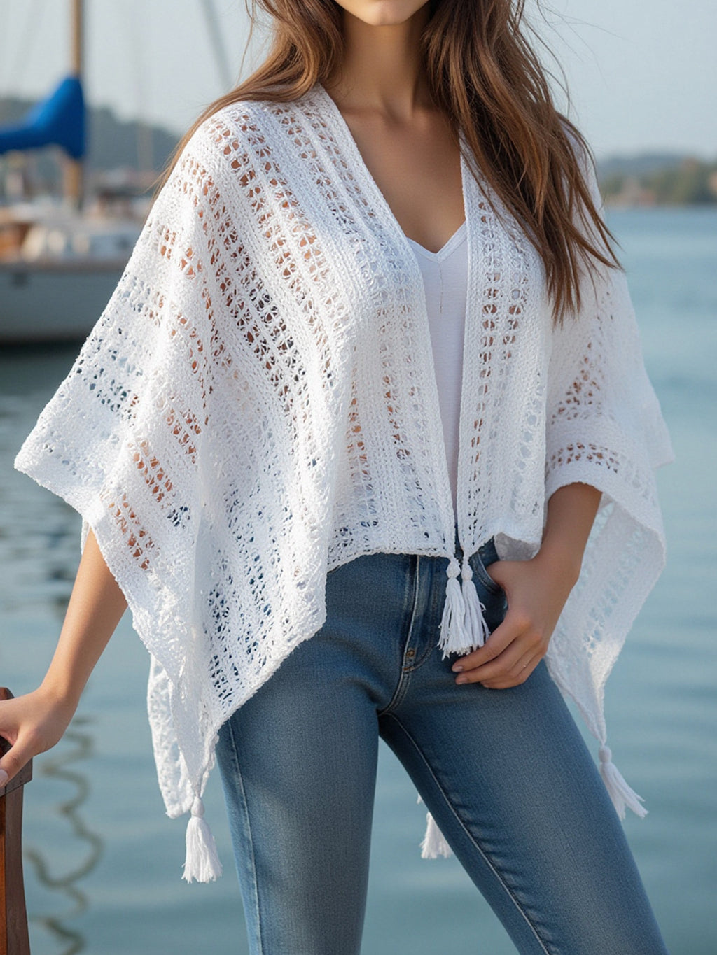 Crochet Tassel Poncho Swim Cover Up - White - 1