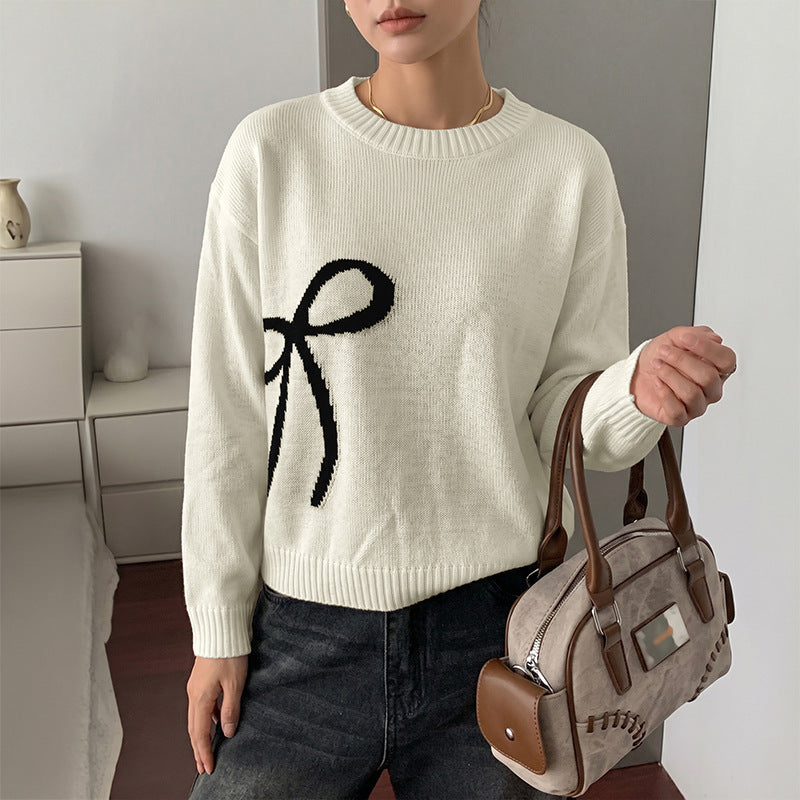 Ribbon Motif Drop Shoulder Knit Sweater - OffWhite