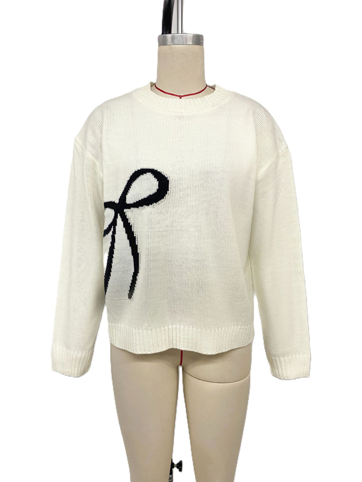 Ribbon Motif Drop Shoulder Knit Sweater - OffWhite - 3