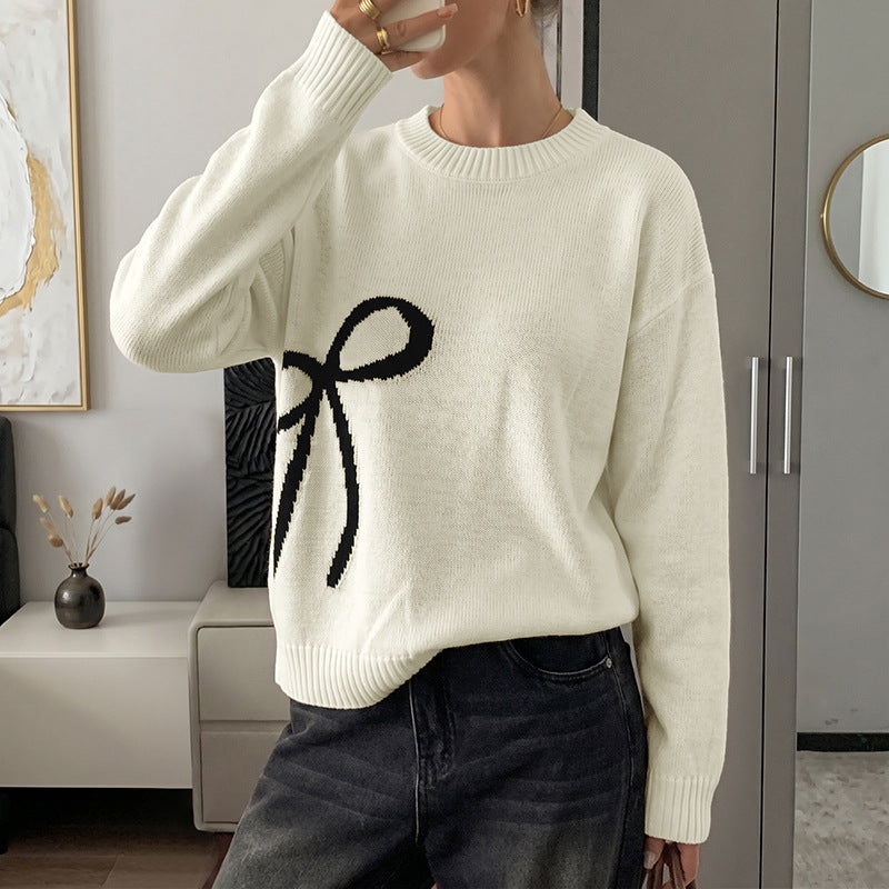 Ribbon Motif Drop Shoulder Knit Sweater - OffWhite - 4