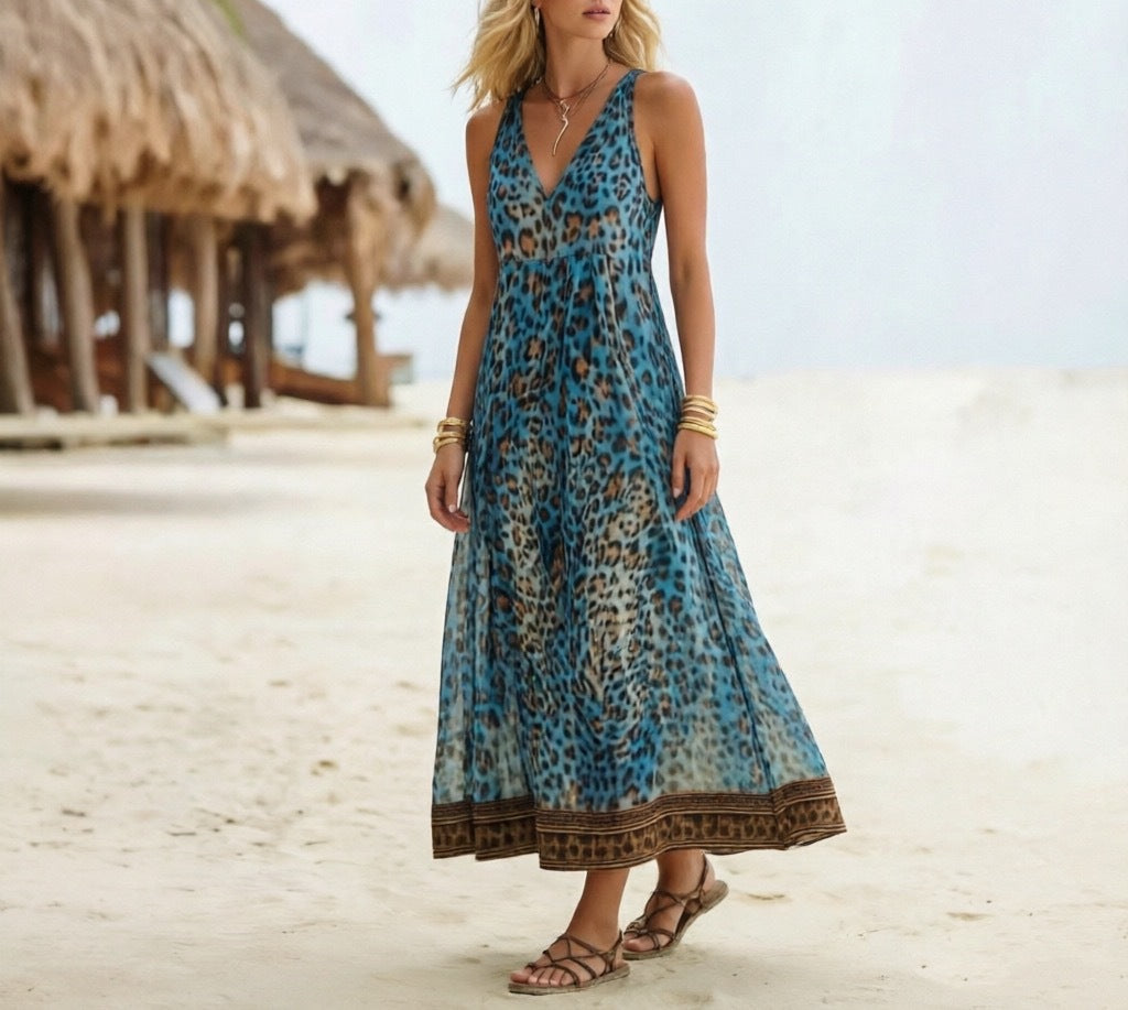 Leopard Print Maxi Sundress With Border Hem - Blue