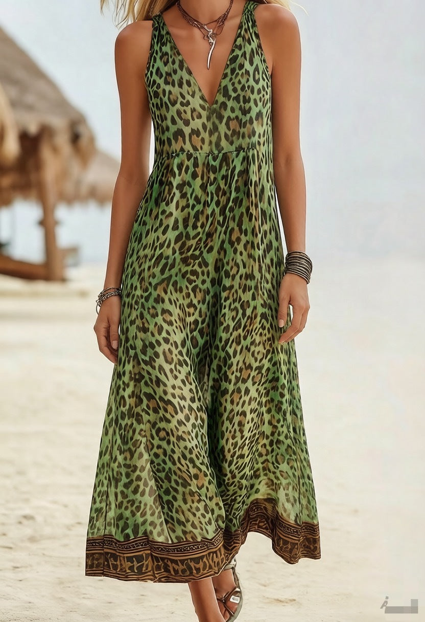 Leopard Print Maxi Sundress With Border Hem - Green