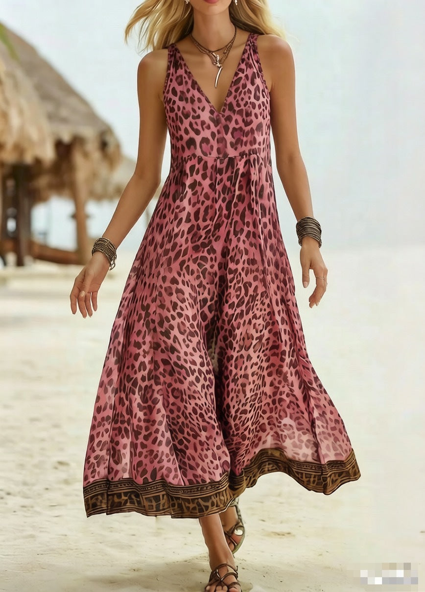 Leopard Print Maxi Sundress With Border Hem - Rose