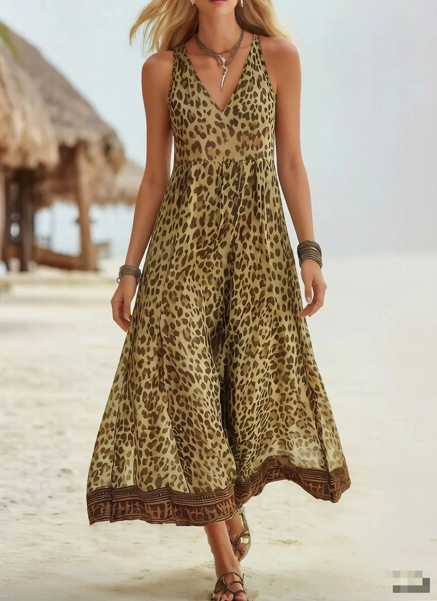 Leopard Print Maxi Sundress With Border Hem - Yellow