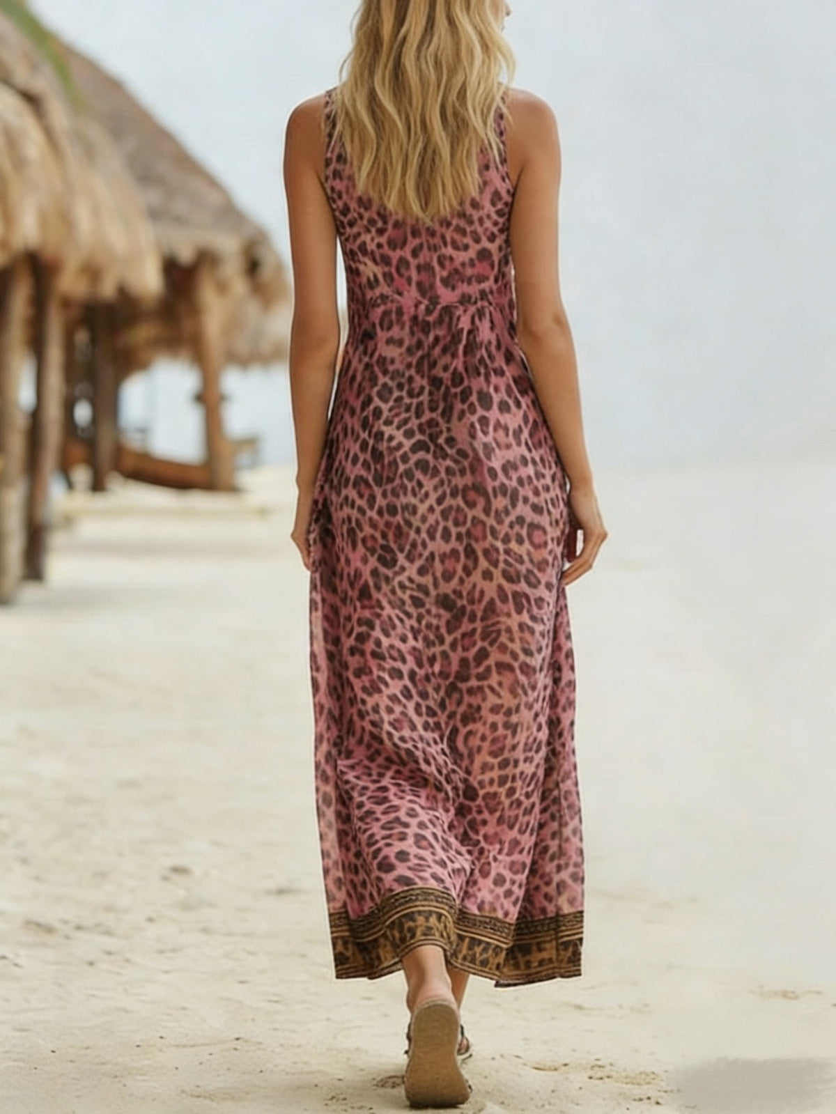 Leopard Print Maxi Sundress With Border Hem