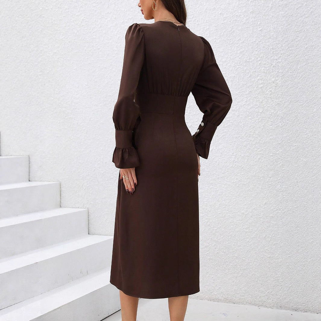 Pearl Button V Neck Midi Dress - view 1