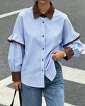 Ruffle Sleeve Striped Button Down Shirt - Blue
