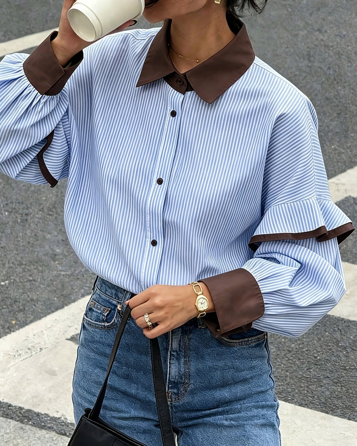 Ruffle Sleeve Striped Button Down Shirt - Blue - 1