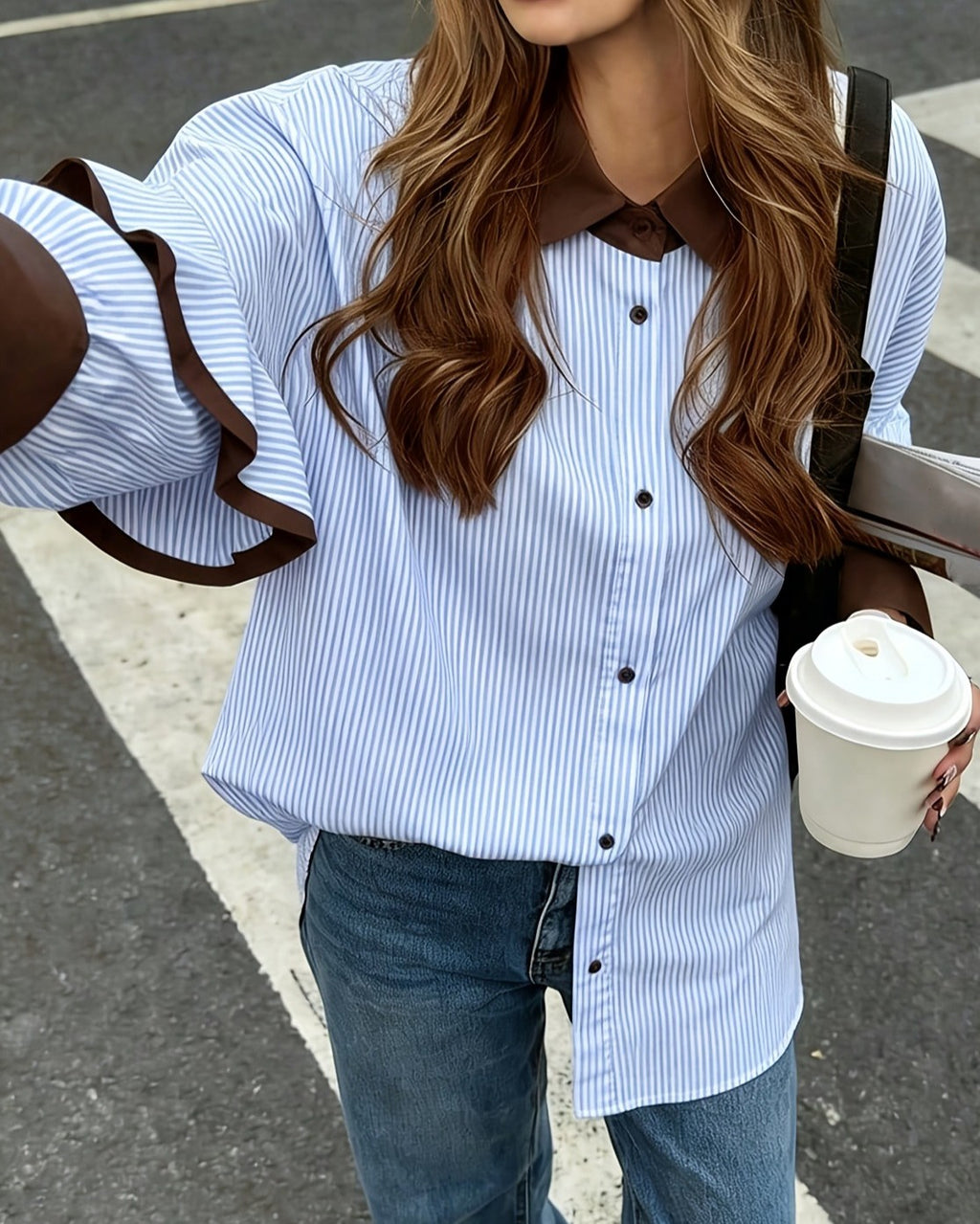 Ruffle Sleeve Striped Button Down Shirt - Blue - 2