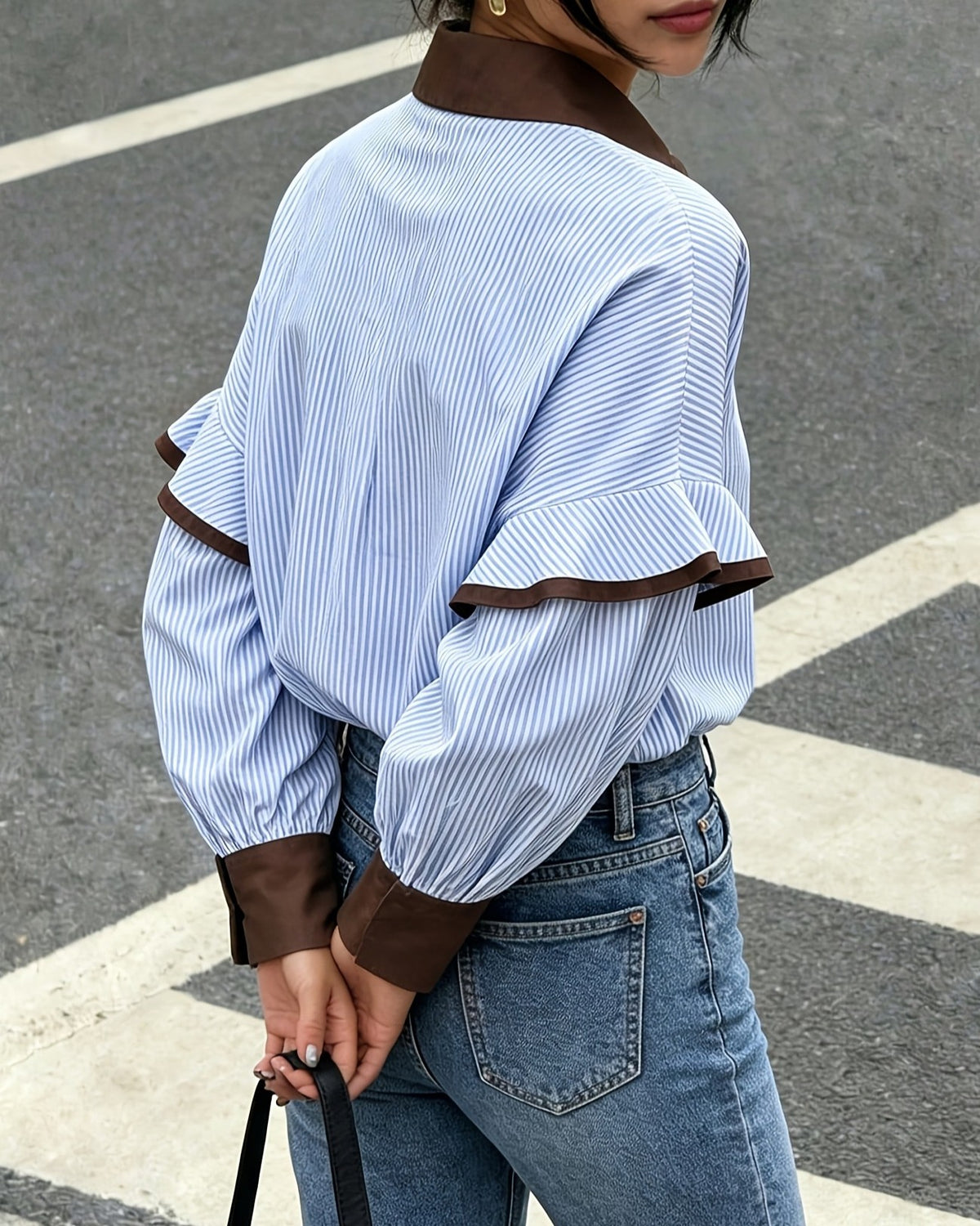 Ruffle Sleeve Striped Button Down Shirt - Blue - 3