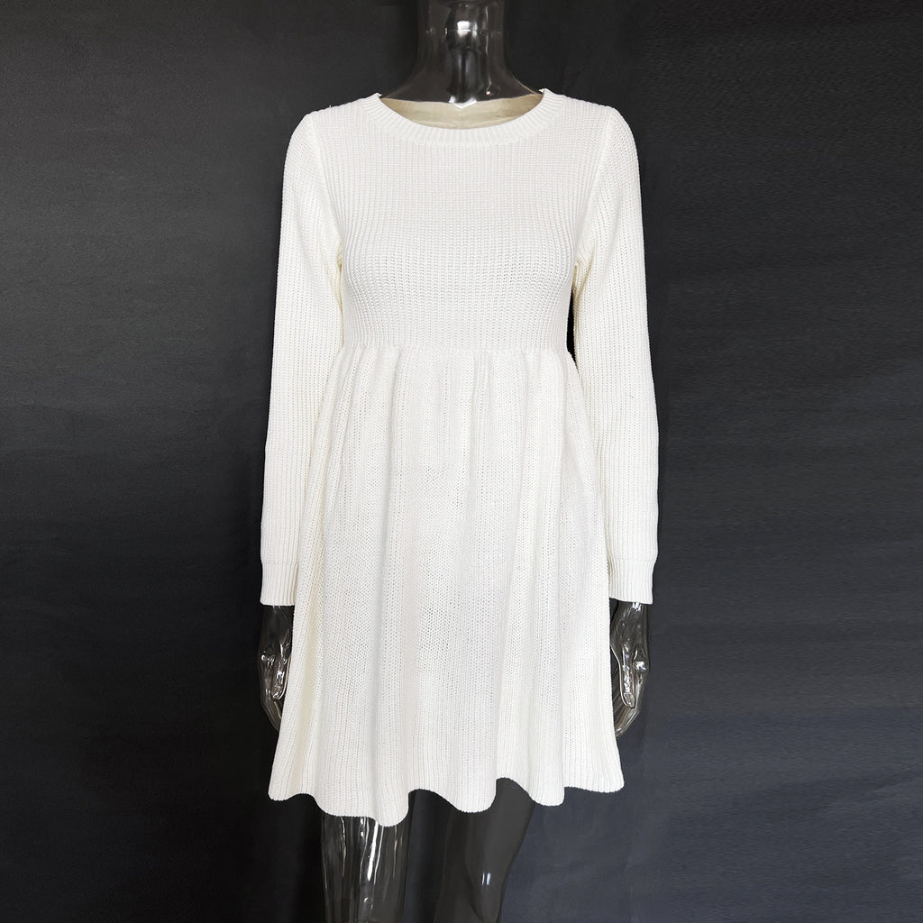 Waffle Knit Babydoll Sweater Mini Dress - White - 1