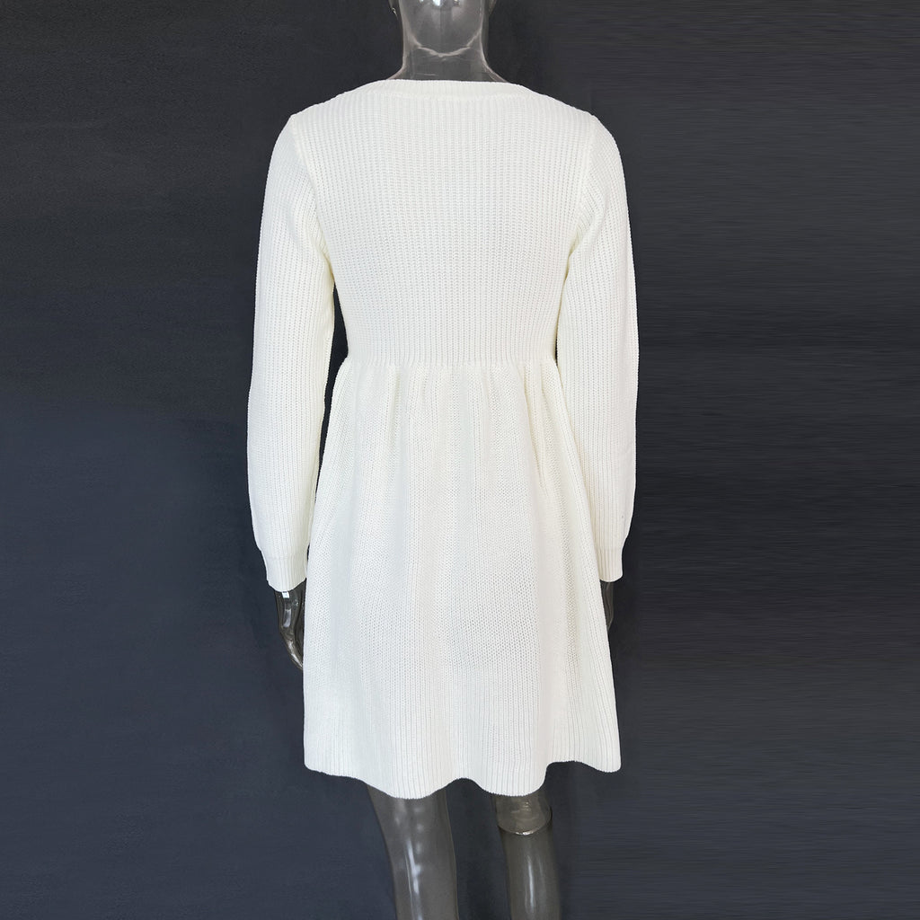 Waffle Knit Babydoll Sweater Mini Dress - White - 2