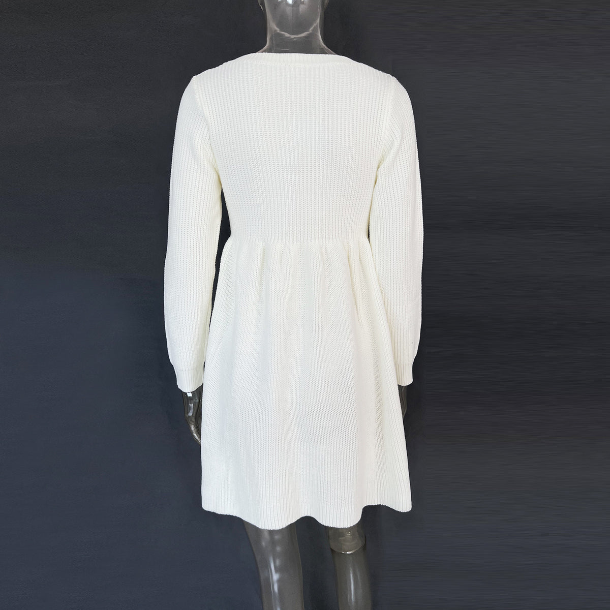 Waffle Knit Babydoll Sweater Mini Dress - White - 2