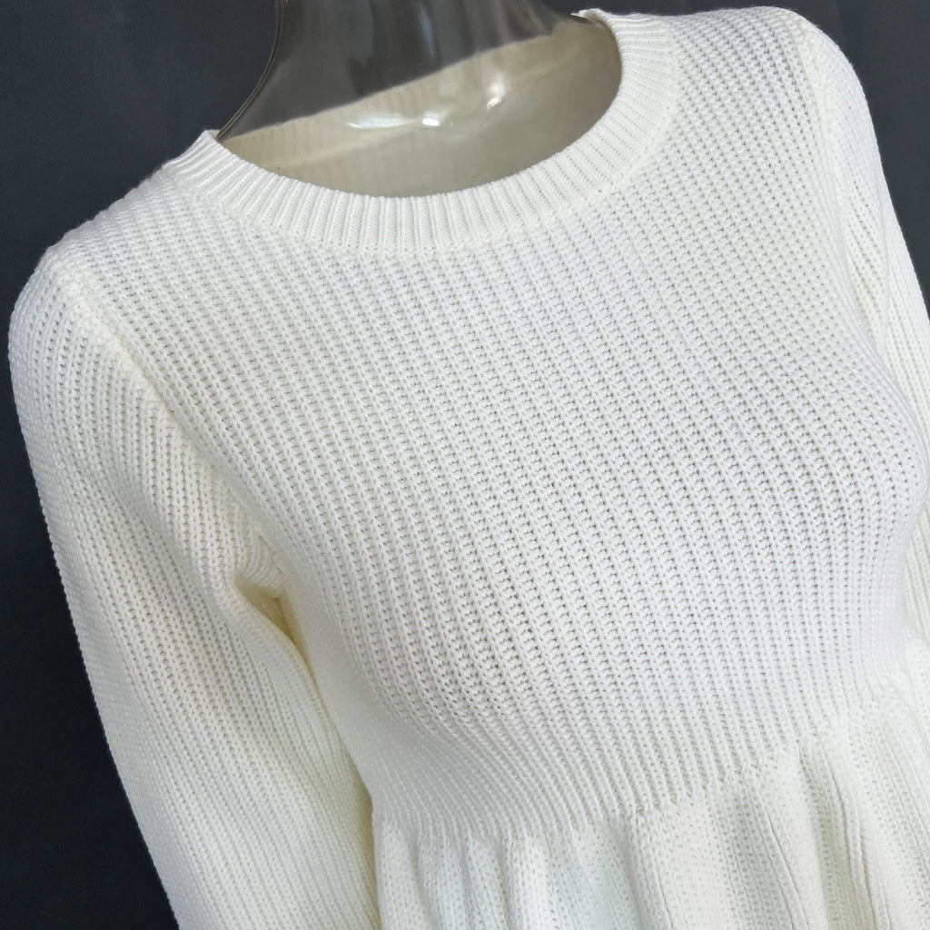 Waffle Knit Babydoll Sweater Mini Dress - White - 3