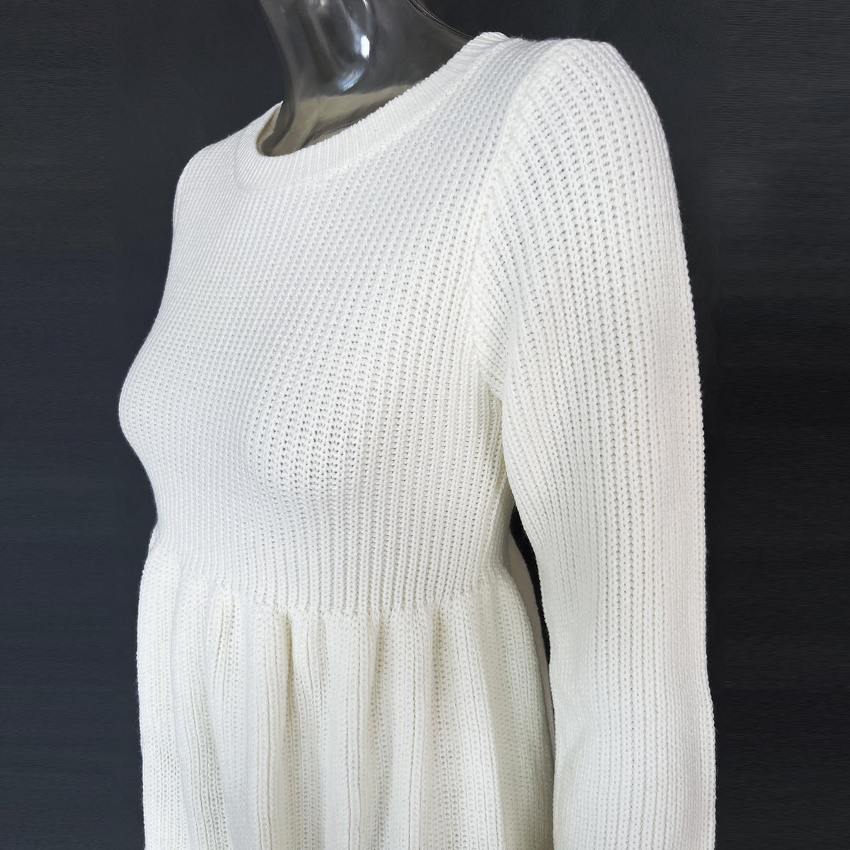 Waffle Knit Babydoll Sweater Mini Dress - White - 4