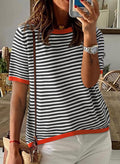 Candy Trim Striped Short Sleeve Knit Top - Black