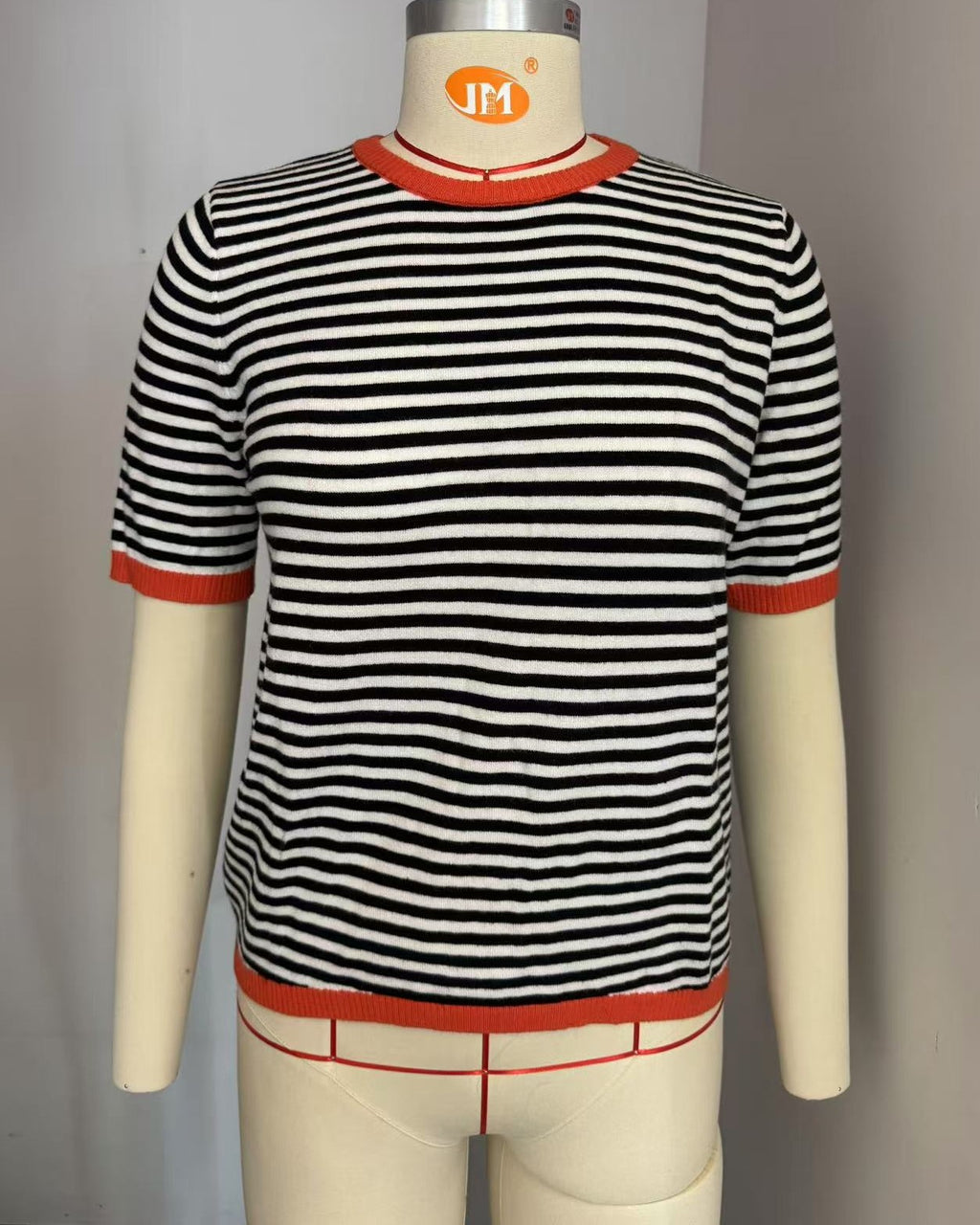 Candy Trim Striped Short Sleeve Knit Top - Black - 1