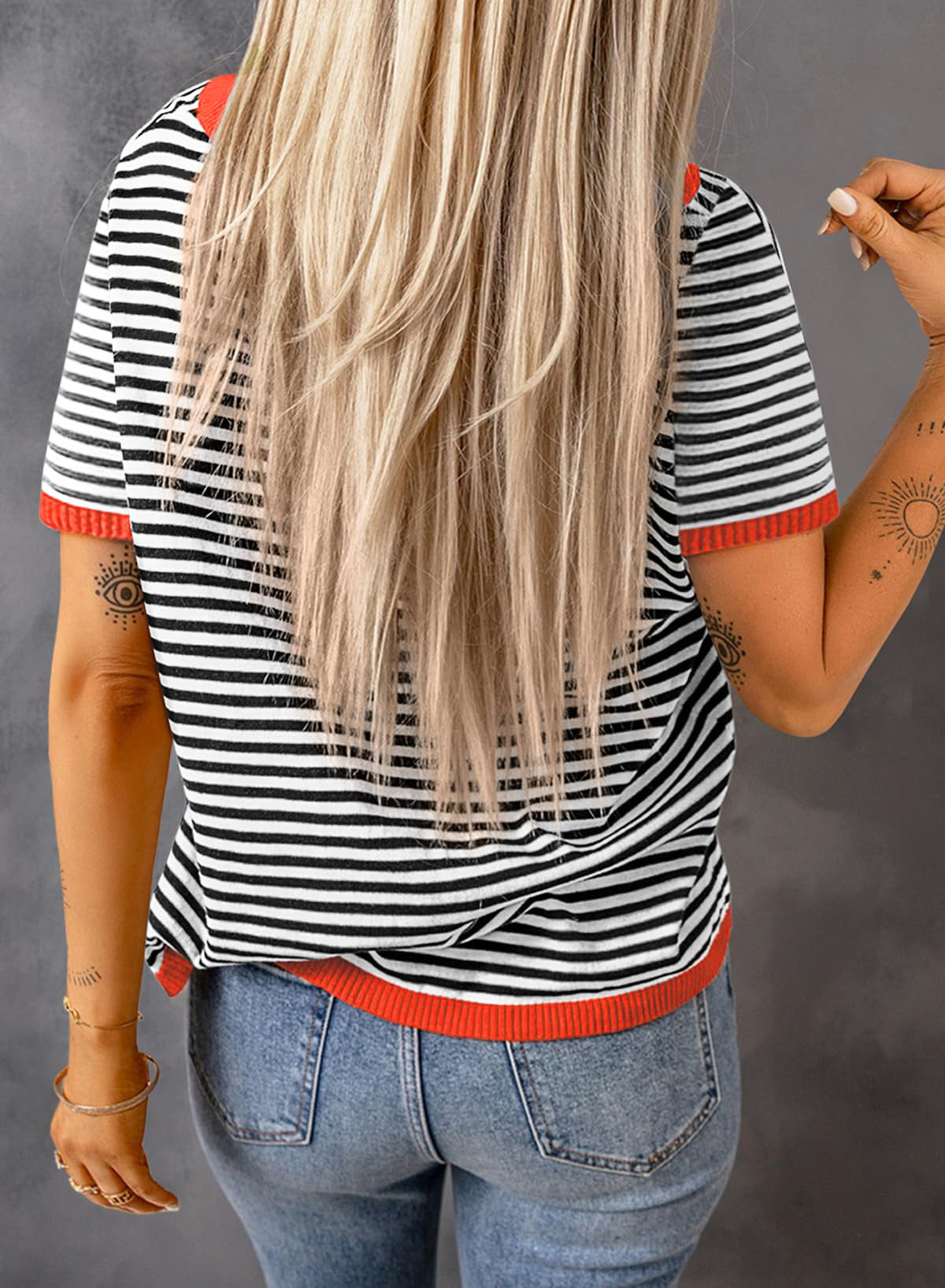 Candy Trim Striped Short Sleeve Knit Top - Black - 2