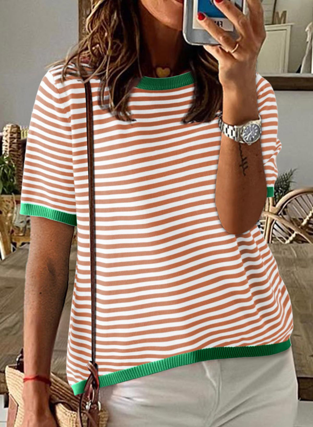 Candy Trim Striped Short Sleeve Knit Top - Rust