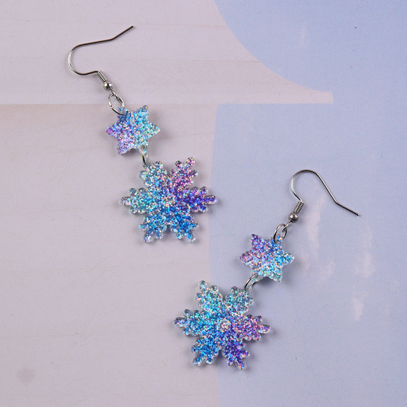 Snowflake Heart Dangle Earrings With Sprinkle Glitter - Blue