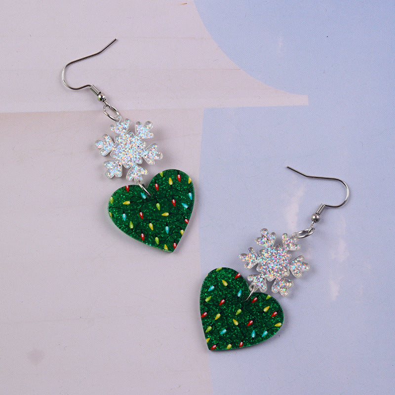 Snowflake Heart Dangle Earrings With Sprinkle Glitter - Green