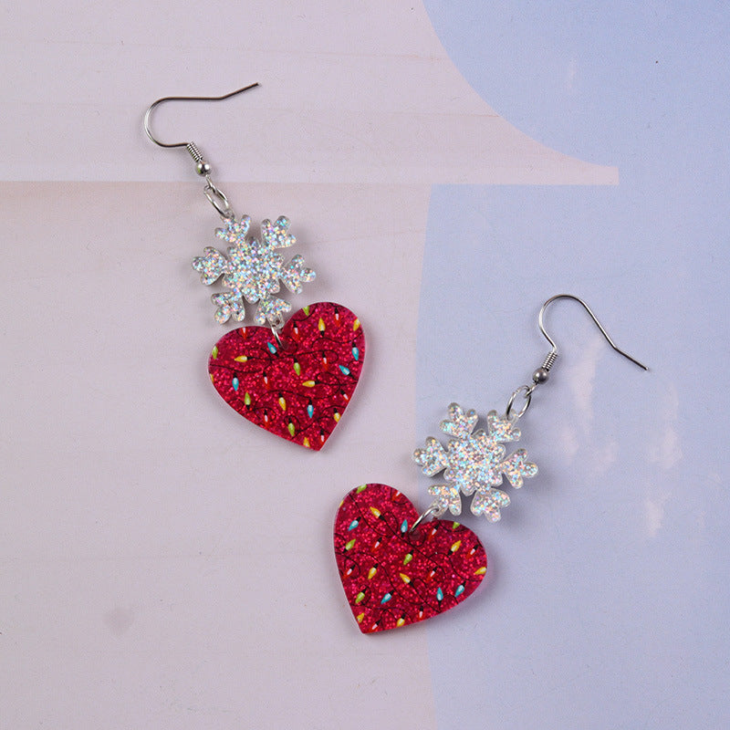 Snowflake Heart Dangle Earrings With Sprinkle Glitter - RoseRed - 1