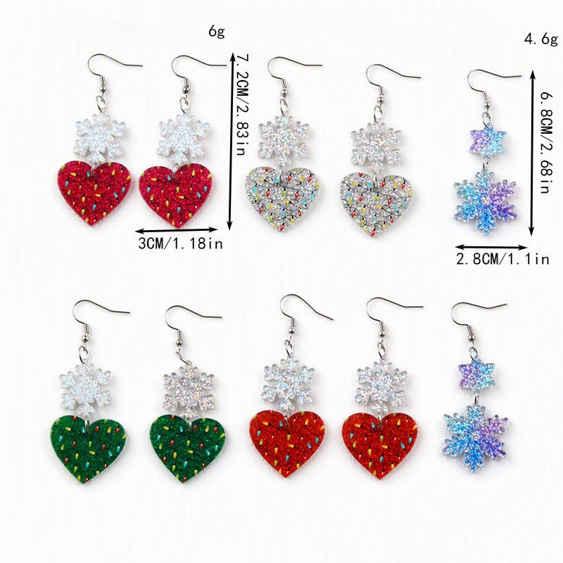 Snowflake Heart Dangle Earrings With Sprinkle Glitter - RoseRed - 2