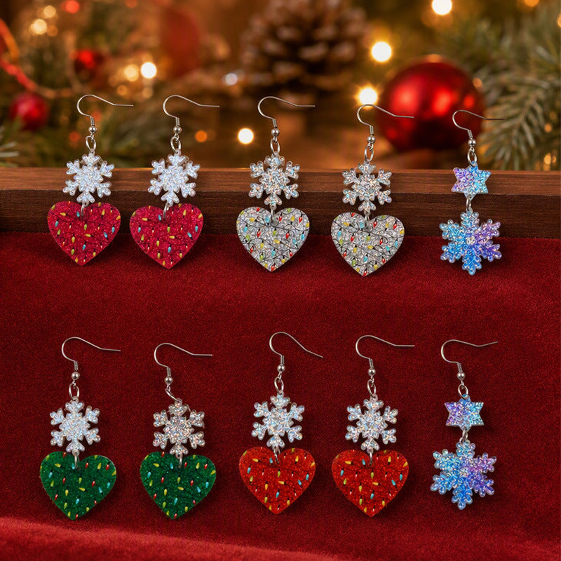 Snowflake Heart Dangle Earrings With Sprinkle Glitter - RoseRed - 3