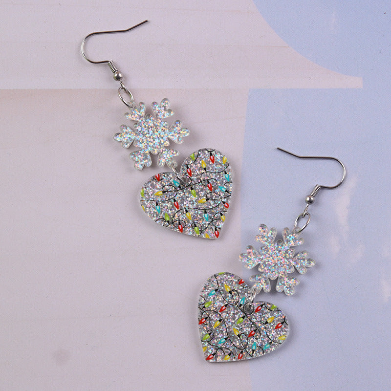 Snowflake Heart Dangle Earrings With Sprinkle Glitter - White