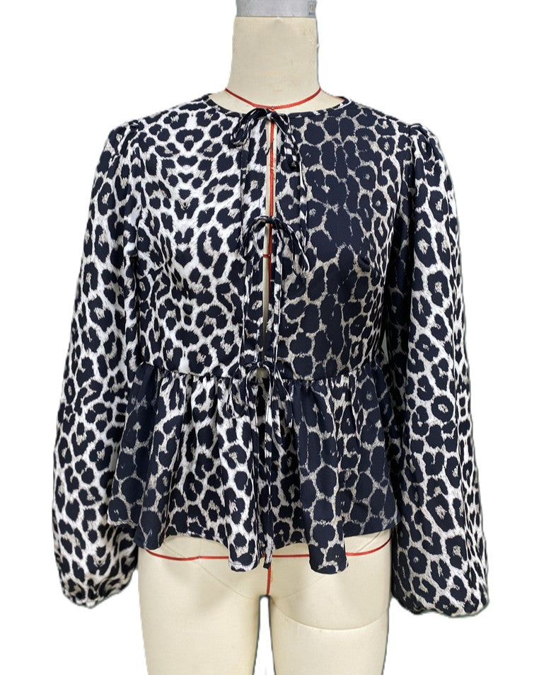 Leopard Print Tie-Front Peplum Cardigan - Leopard - 1