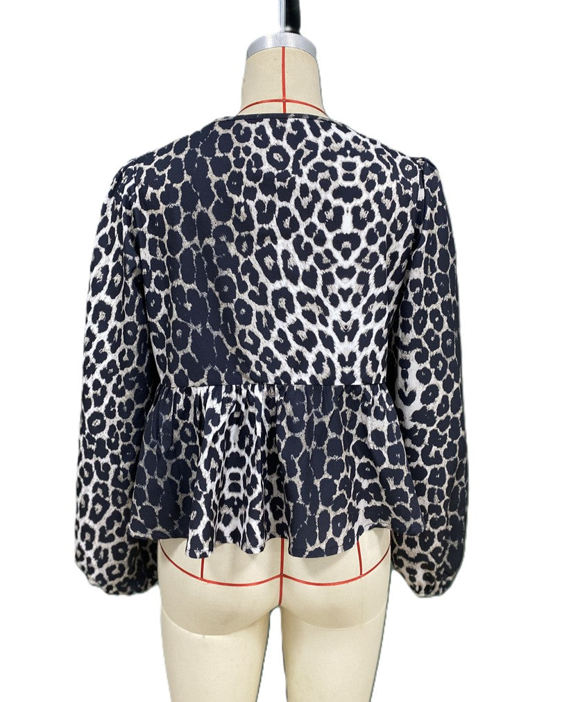 Leopard Print Tie-Front Peplum Cardigan - Leopard - 3