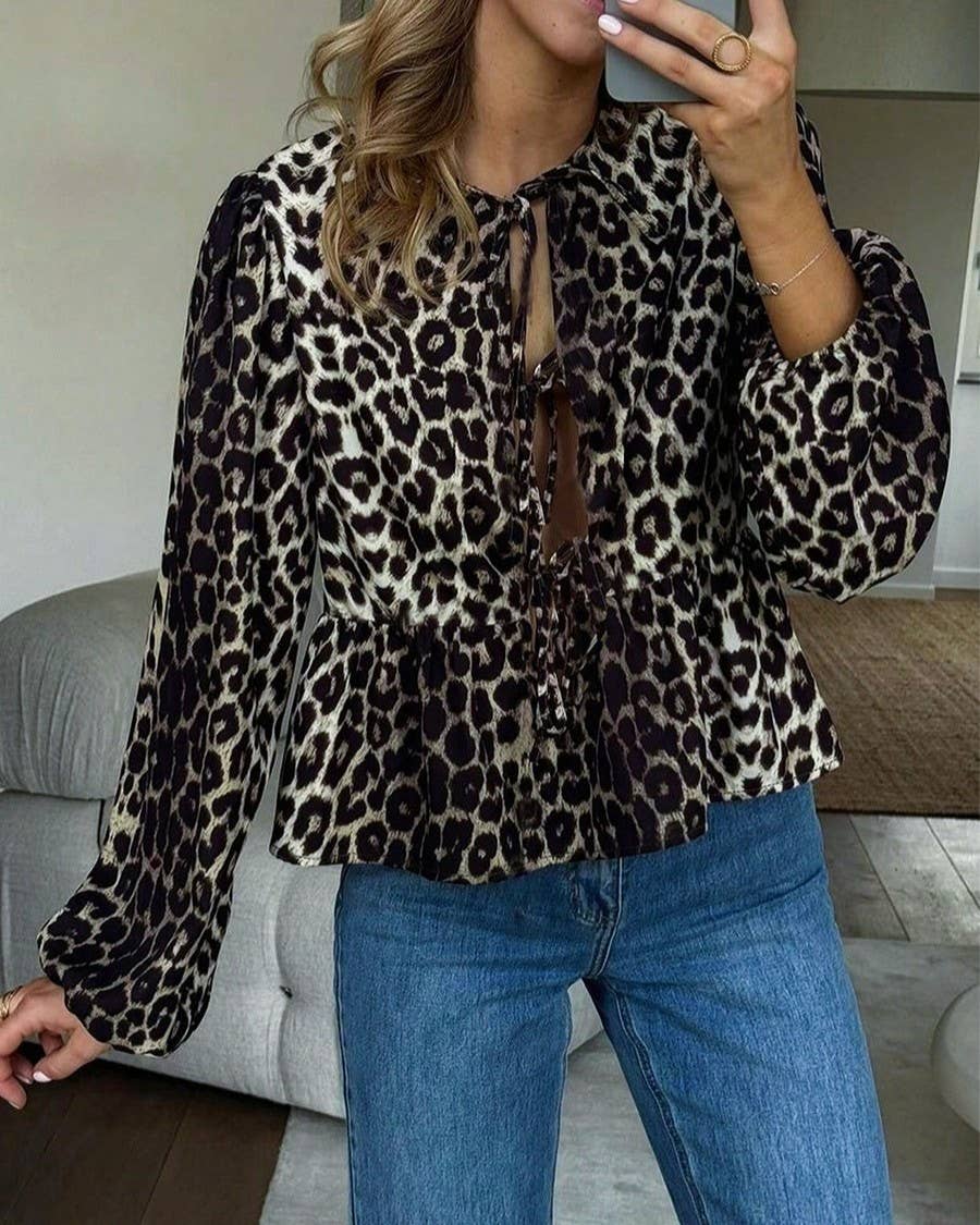 Leopard Print Tie-Front Peplum Cardigan