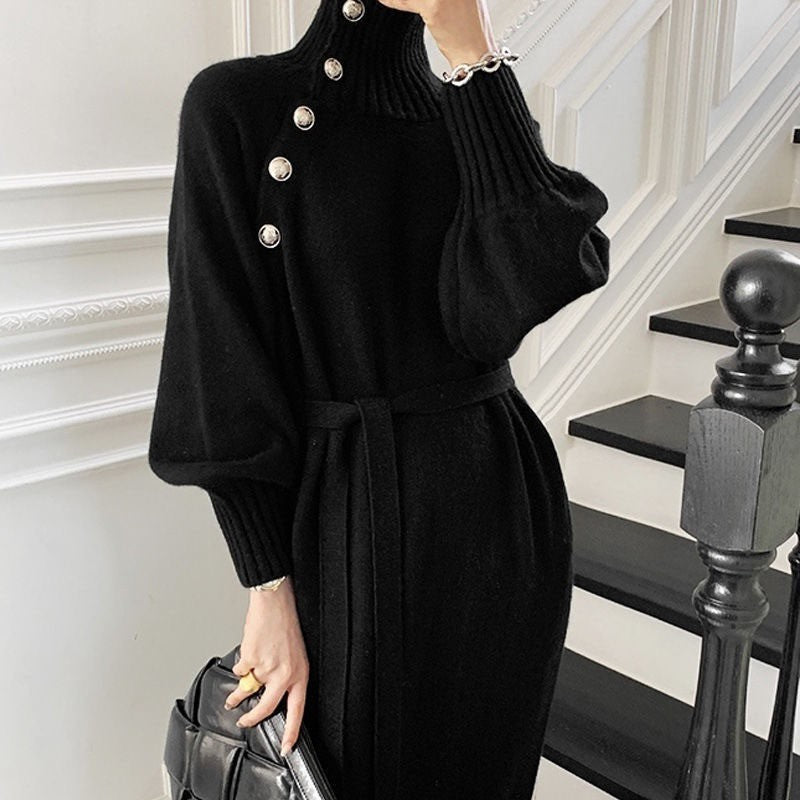 Mock Neck Belted Midi Sweater Dress - Black