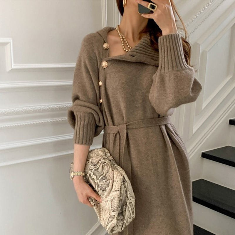 Mock Neck Belted Midi Sweater Dress - Camel
