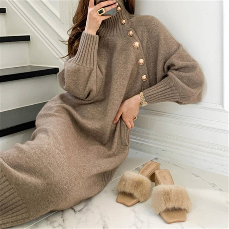 Mock Neck Belted Midi Sweater Dress