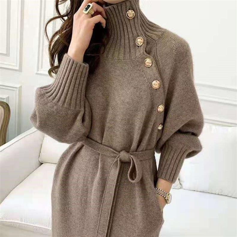 Mock Neck Belted Midi Sweater Dress - view 1