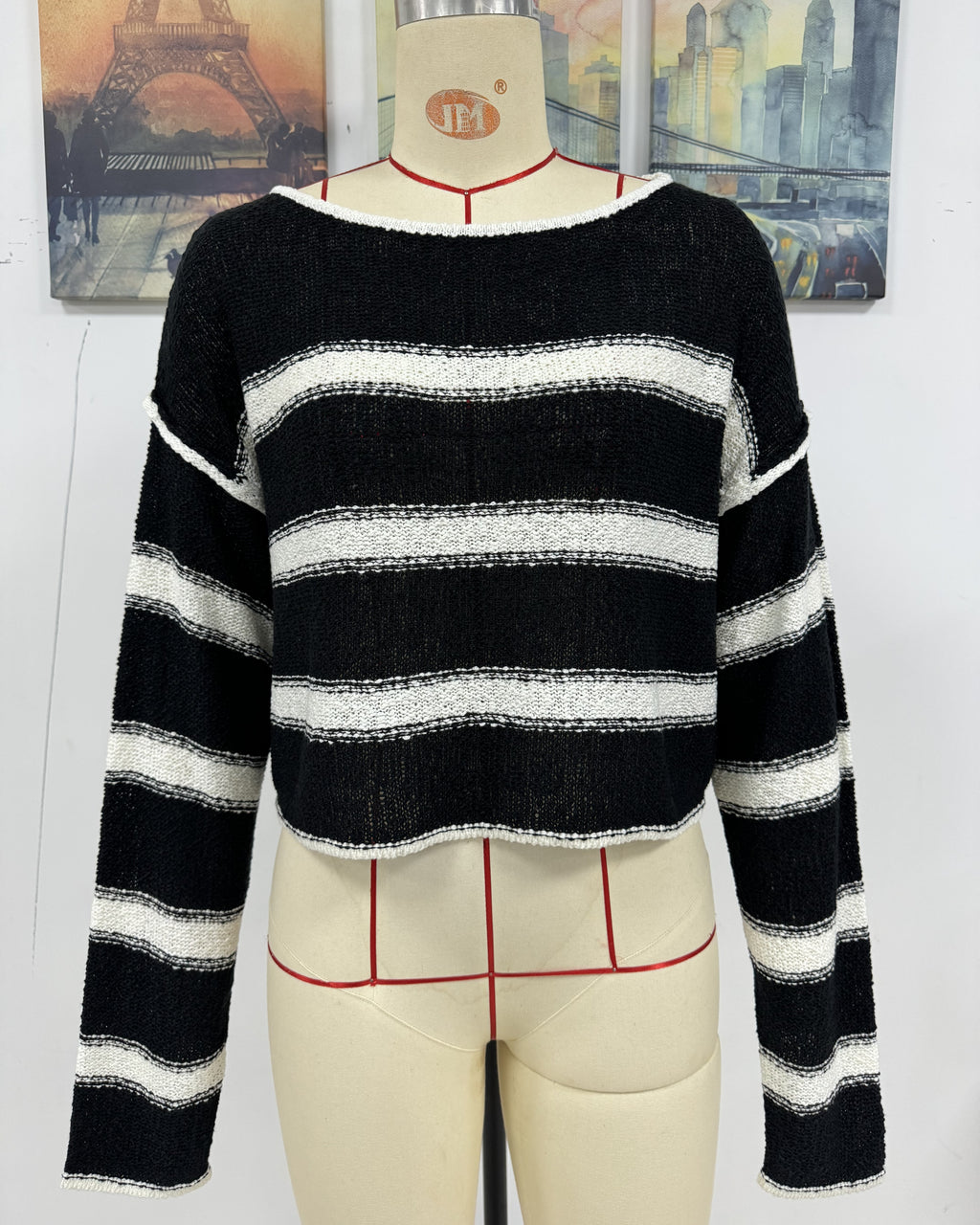 Boxy Cropped Stripe Boat Neck Sweater - Black