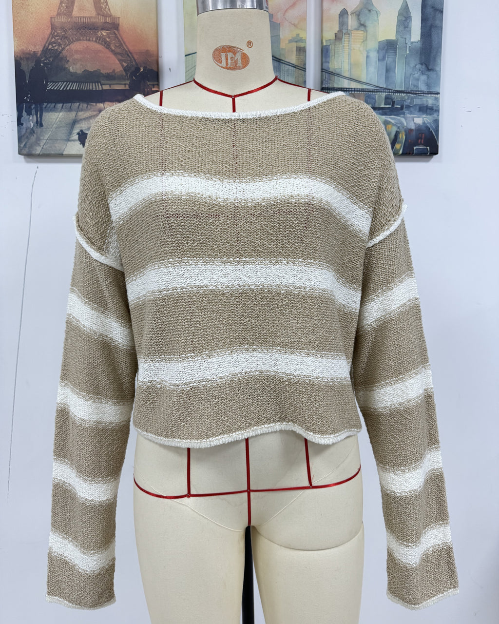 Boxy Cropped Stripe Boat Neck Sweater - Khaki