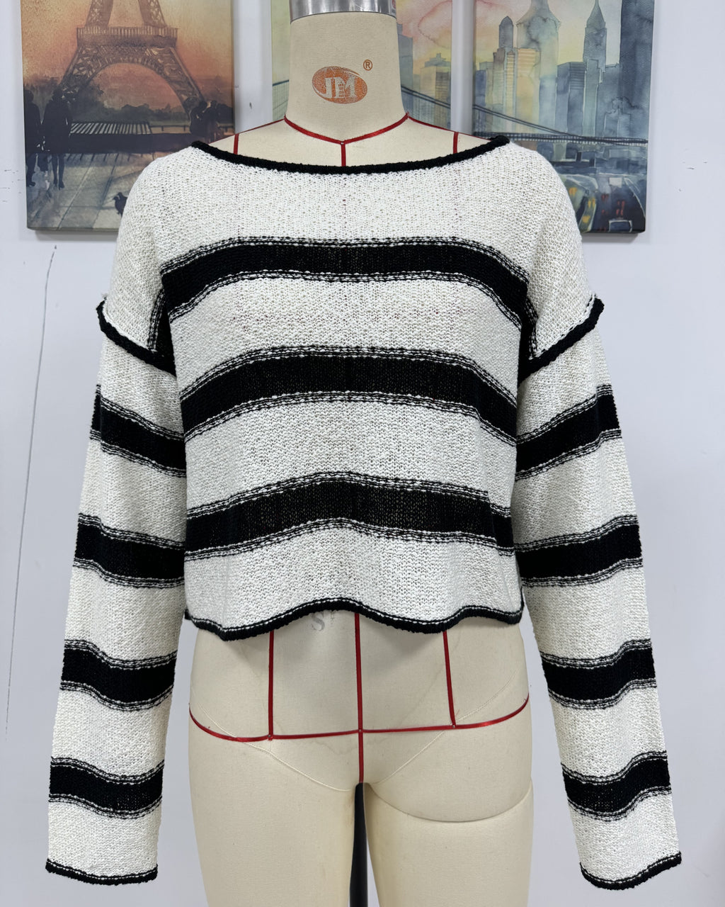 Boxy Cropped Stripe Boat Neck Sweater - White - 1