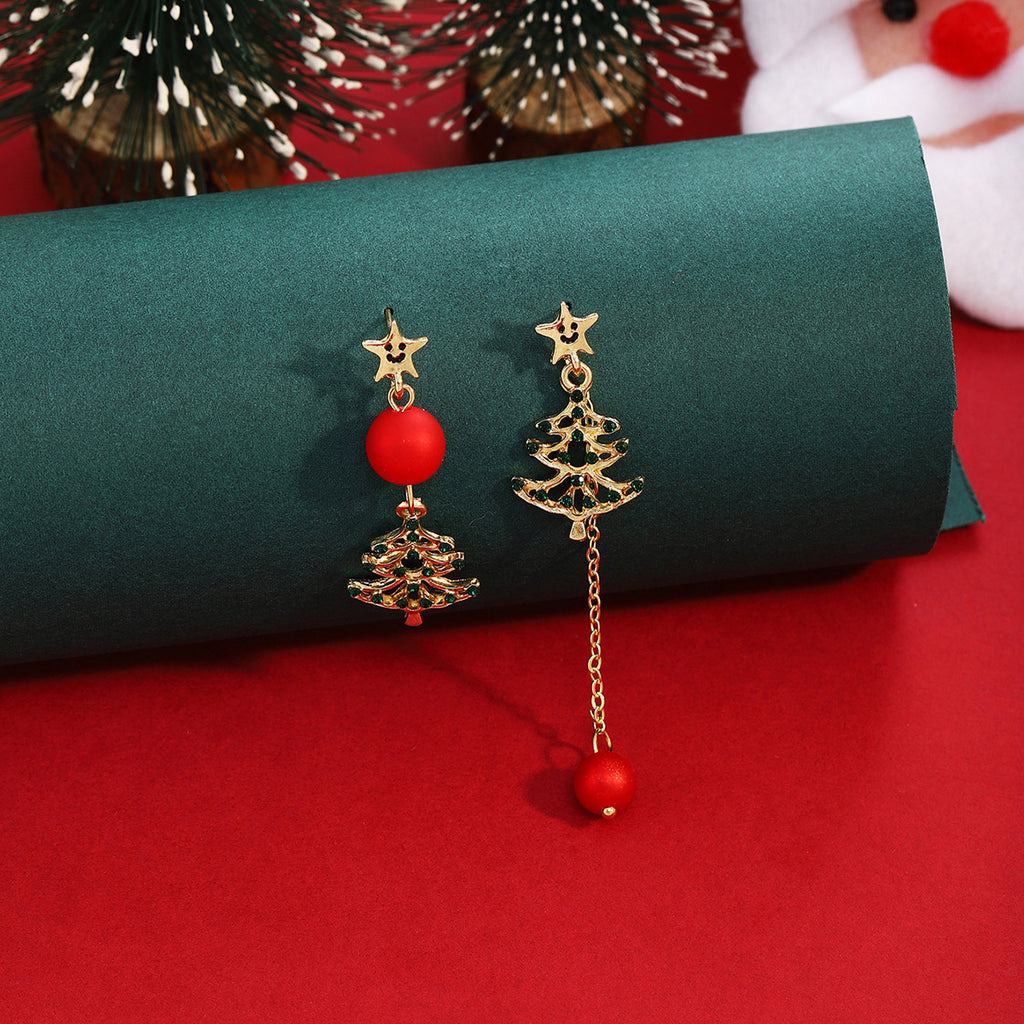 Mismatched Evergreen Chain Drop Earrings - Red - 1