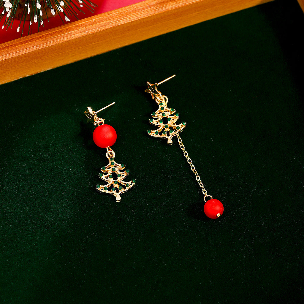 Mismatched Evergreen Chain Drop Earrings - Red - 2