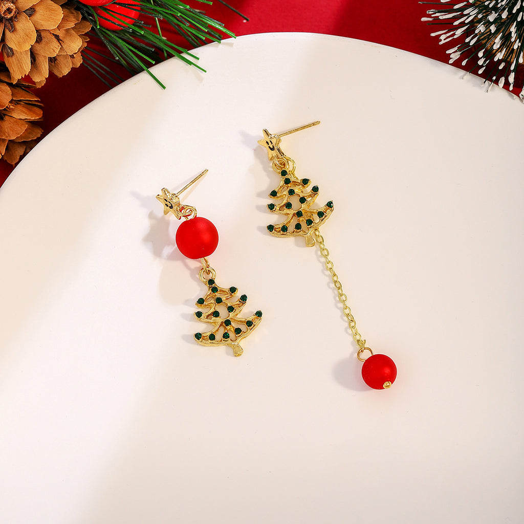 Mismatched Evergreen Chain Drop Earrings - Red - 3