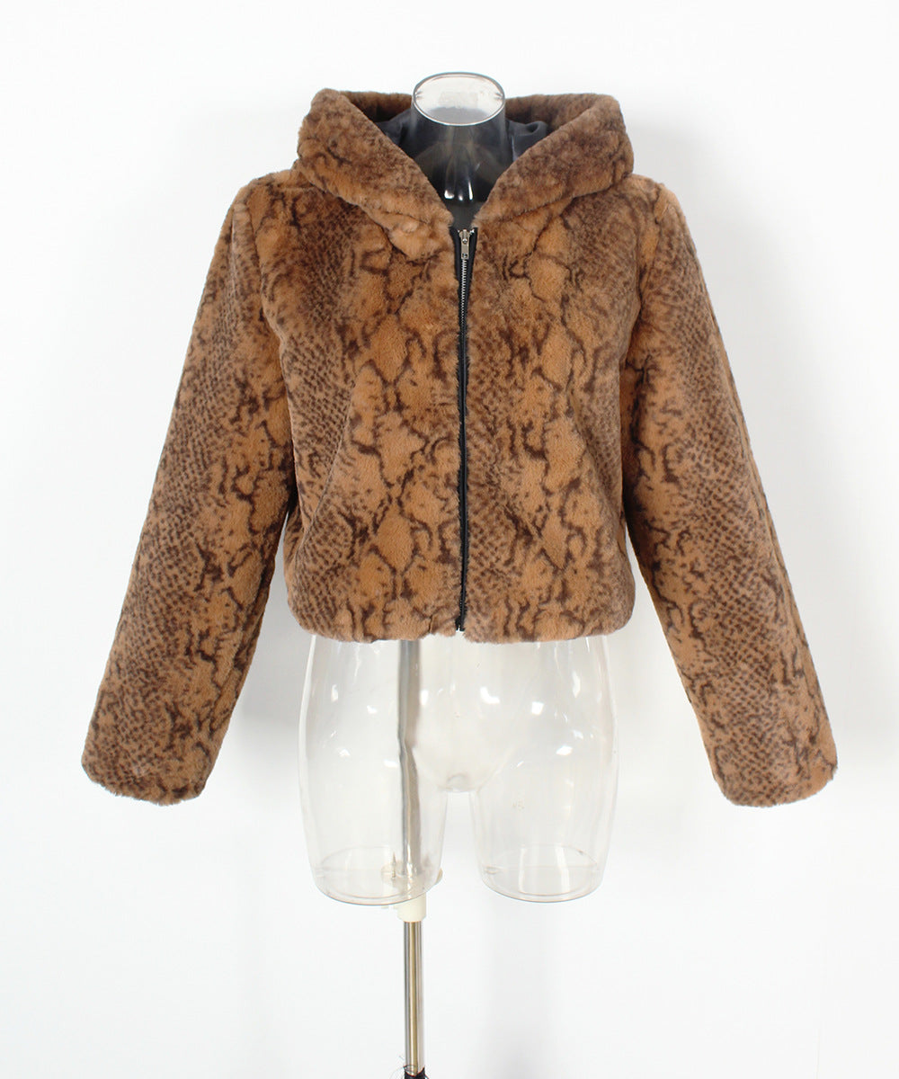 Plush Animal Print Zip Up Hooded Coat - Brown - 1