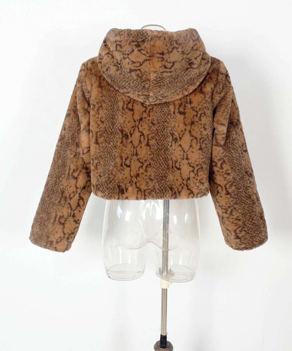 Plush Animal Print Zip Up Hooded Coat - Brown - 2