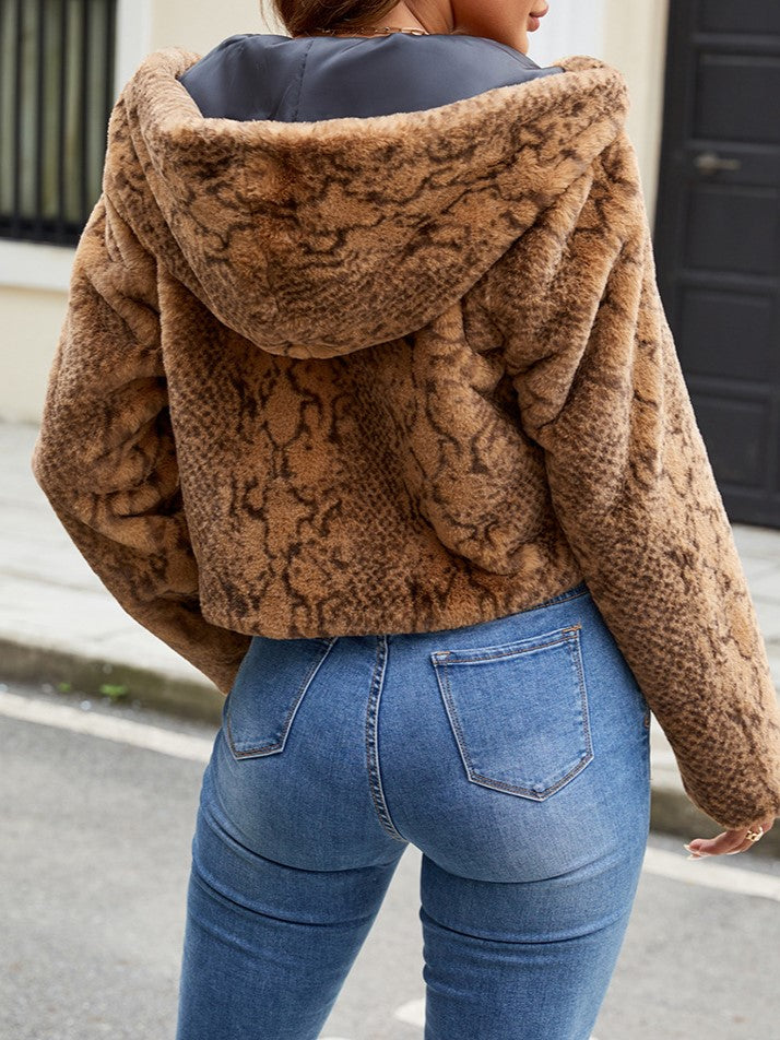 Plush Animal Print Zip Up Hooded Coat - Brown - 3