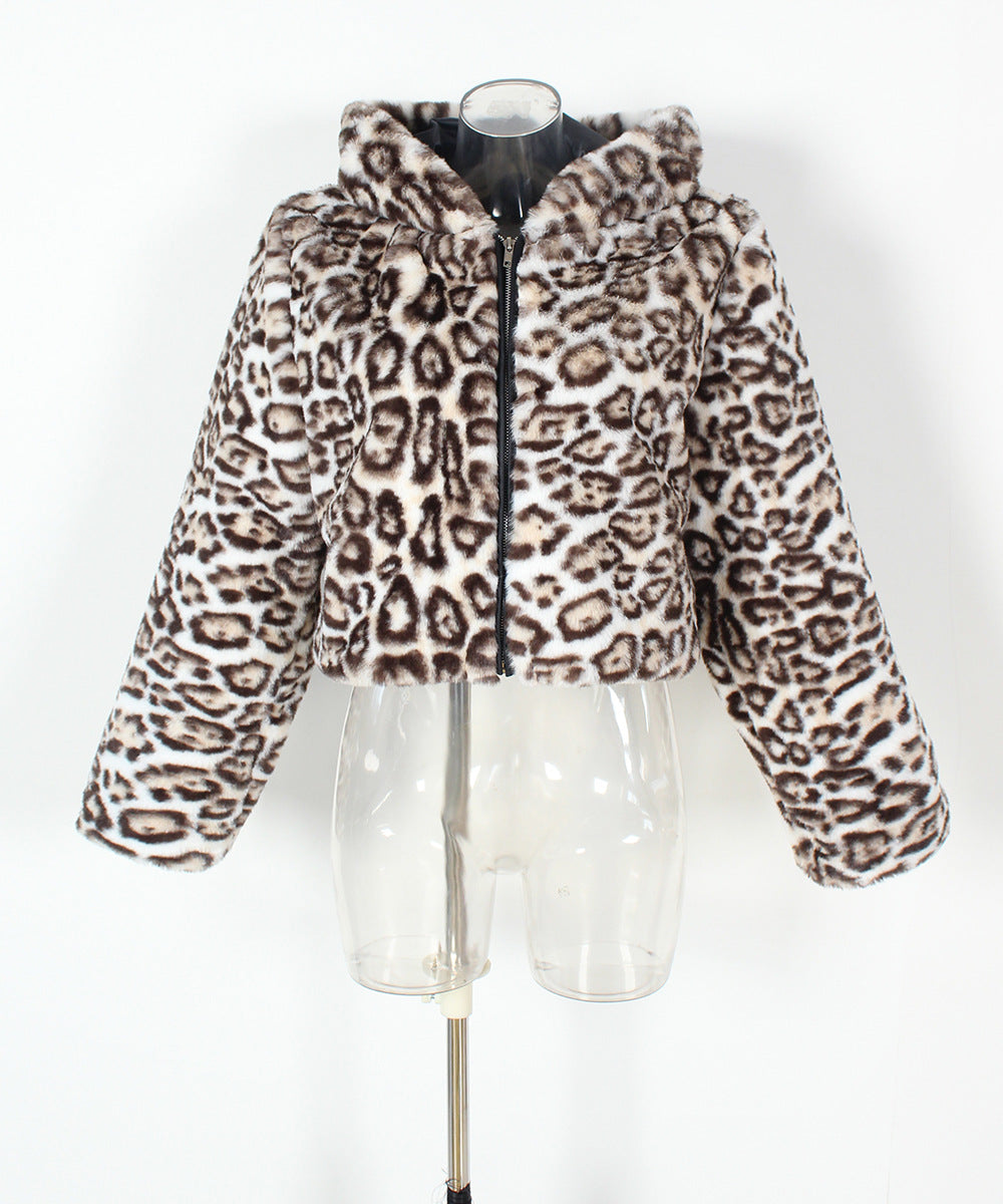Plush Animal Print Zip Up Hooded Coat - White